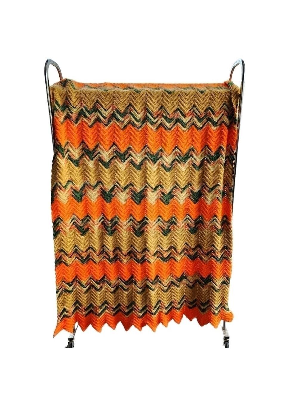 Vintage chevron orange green crocheted afghan throw blanket granny retro warm